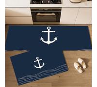 Lot De 2 Tapis Cuisine Lignes D'Ancrage Ondulées Devant Evier Tapis De Cuisine Style Nautique Nordique Antidérapant Et Lavable Pour Couloir Salle à Manger Entrée Et Porte, Bleu Marine 45x75cm+45x150cm