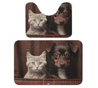 Lot de 2 tapis de bain doux en forme de U pour salle de bain, baignoire, lavable et super absorbants, motif chat et chien assis dans une poche en cuir, 40 x 60 cm