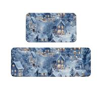 Lot de 2 tapis de cuisine 3D antidérapants en bois, motif ville de Noël, neige, pays des merveilles