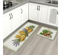 Lot de 2 tapis de cuisine à herbes botaniques rustiques, lavande, vert d'été, doux et lavable pour évier, buanderie, entrée, couloir