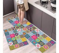 Lot de 2 Tapis de Cuisine Antidérapant,Anti Fatigue Tapis Cuisine Devant Evier Tapis de Cuisine Lavables en Machine Tapis de Sol Paillasson pour Cuisine(Motif à carreaux de couleur,44x75+44x150cm)