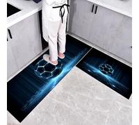 Lot de 2 Tapis de Cuisine antidérapant,Lavable Tapis de Cuisine Futurisme Ballon de Football Lumineux, Couloir, Chambre à Coucher, Salle de Bain.(Bleu, 50x80+50x150cm)