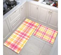 Lot De 2 Tapis De Cuisine Antidérapant,Lavable Tapis De Jaune Citron avec Joli Carreaux Buffalo pour Cuisine Couloir Chambre À Coucher Salle De Bain(Motif Géométrique De Ferme, 50X80Cm+50X150Cm)