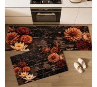 Lot De 2 Tapis De Cuisine Antidérapant Mur En Bois Moucheté Ancien | Lavable Tapis De Sol Roses Et Dahlias Vintage Avec Ruban Antidérapant Pour Couloir, Salle De Bain, 40X60+40X120, Brun Foncé
