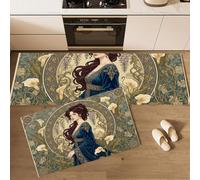 Lot De 2 Tapis De Cuisine Antidérapant Portraits De Femmes Au Moyen Âge | Lavable Tapis De Sol Bordure Florale Art Nouveau Avec Ruban Antidérapant Pour Couloir, Salle De Bain, 44X75+44X120, Vert Foncé
