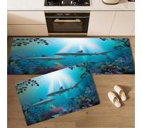 Lot de 2 Tapis de Cuisine Antidérapants 40×60cm+40×120cm, AbsorbantsTapis de Sol Cuisine Lavables avec Requin Corail Décoratifs et Soleil Océan Animaux, pour Couloir, Salle à Manger, Entrée