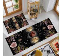 Lot De 2 Tapis De Cuisine Antidérapants Absorbe l'eau Et l'huile Résistant À La Poussière Tapis De Cuisine - Motif Phase De Lune Ciel Étoilé - Couronne Mystérieuse - 40X60Cm+40X120Cm - Noir