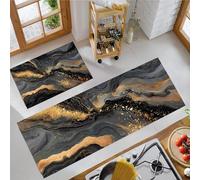 Lot De 2 Tapis De Cuisine Antidérapants Absorbe l'eau Et l'huile Résistant À La Poussière Tapis De Cuisine - Motif Vagues en Feuille d'or - Marbre Abstrait - 43X75Cm+43X150Cm - Or Noir