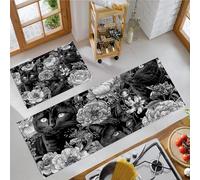 Lot De 2 Tapis De Cuisine Antidérapants Absorbe l'eau Et l'huile Résistant À La Poussière Tapis De Cuisine - Motif Chat Noir Mystérieux - Fleurs Baroques - 40X60Cm+40X120Cm - Noir Blanc