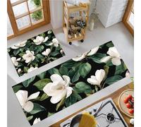 Lot De 2 Tapis De Cuisine Antidérapants Absorbe l'eau Et l'huile Résistant À La Poussière Tapis De Cuisine - Motif Magnolia Naturel 3D - Illustration Végétale - 50X80Cm+50X150Cm - Vert Foncé