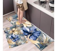 Lot de 2 Tapis de Cuisine Antidérapants Aquarelle Feuilles Palmier Vintage Tapis de Sol de Cuisine Fleurs Tropicales Anti-Fatigue Confort pour Couloir, Salle Manger, Entrée 40x60cm+40x120cm Gris Foncé