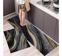 Lot de 2 Tapis de Cuisine Antidérapants Art Fluide Des Vagues Tapis de Sol Marbre Whirlpool Lavables, Absorbant l'Eau et l'Huile pour Couloir, Salle à Manger, Entrée, 45x75cm+45x150cm, Noir Charbon
