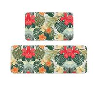 Lot de 2 tapis de cuisine antidérapants avec feuilles de végétation avec fleurs d'hibiscus - Tapis de cuisine ergonomique pour cuisine, bar, bureau