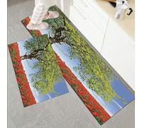 Lot de 2 Tapis de Cuisine antidérapants,Coquelicot, Paysage de coquelicots en fleurs sur un champ majestueux, p,Résistant à la poussière Tapis de Cuisine,Tapis de Sol pour l'intérieur,45x70+45x120 cm