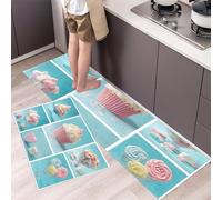 Lot de 2 Tapis de Cuisine Antidérapants Desserts Mignons, Tapis de Sol Petits Gâteaux Lavable Anti-Fatigue pour Cuisine, évier, Couloir et Salle à Manger 43x75cm+43x150cm, Bleu