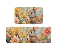Lot de 2 tapis de cuisine antidérapants en bois « A Little Rabbit in the Flowers » - Tapis de sol de cuisine anti-fatigue pour la maison et le bureau