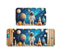 Lot de 2 tapis de cuisine antidérapants en bois avec astronautes, fusées et planètes, tapis de sol de cuisine anti-fatigue pour la maison et le bureau