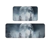 Lot de 2 tapis de cuisine antidérapants en bois avec motif forêt mystérieuse et nuit étoilée pleine lune