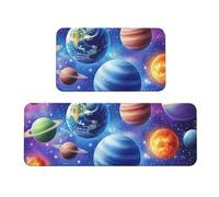 Lot de 2 tapis de cuisine antidérapants en bois avec motif planète, espace et étoiles, tapis de sol anti-fatigue pour la maison et le bureau