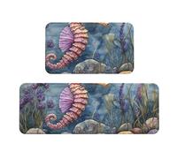 Lot de 2 tapis de cuisine antidérapants en bois, motif algues, hippocampe, violet, tapis de sol de cuisine anti-fatigue pour la maison et le bureau