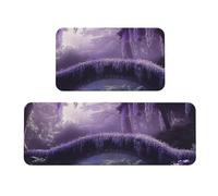 Lot de 2 tapis de cuisine antidérapants en bois pour la maison, le bureau, le pont et la rivière en pierre, violet, tapis de sol anti-fatigue