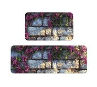 Lot de 2 tapis de cuisine antidérapants en bois pour murs de pierre et fleurs, tapis de sol anti-fatigue pour la maison et le bureau