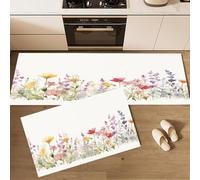 Lot de 2 Tapis de Cuisine Antidérapants et Lavables Campagne Plantes Fleurs Sauvages Pétales Jaunes pour Couloir, Salle à Manger, Buanderie et Entrée, 45×75cm+45×150cm