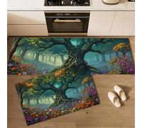 Lot de 2 Tapis de Cuisine Antidérapants et Lavables, Mer De Fleurs Arbres Anciens Tapis de Sol Forêt Magique Des Contes De Fées Tapis de Passage pour Couloir, Salle à Manger, Entrée, 43x75cm+43x150cm