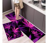 Lot de 2 Tapis de Cuisine Antidérapants Feuilles De Chanvre Tapis de Sol de Cuisine Plantes Néon Facile à Nettoyer Anti-Fatigue Confort pour Couloir, Salle à Manger, Entrée 40x60cm+40x120cm Violet