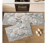 Lot de 2 Tapis de Cuisine Antidérapants Fleurs Plâtre Relief Tapis de Sol Roses, Hortensias Lavables, Absorbant l'Eau et l'Huile pour Couloir, Salle à Manger, Entrée, 40x60cm+40x120cm, Blanc Pur