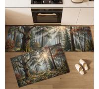 Lot De 2 Tapis De Cuisine Antidérapants Forêt Rétro Naturelle | Résistant À La Poussière Tapis De Cuisine Lumière Du Soleil Grands Arbres Herbe, Paillasson Vert Foncé Pour L'Intérieur, 43X75+43X150Cm