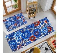 Lot De 2 Tapis De Cuisine Antidérapants Lavables Fleurs Aquarelles Années 1970, Ensemble Tapis De Coureur Anti-Fatigue Plantes Ethniques Pour Cuisine Évier Bureau, Bleu Indigo, 40X60+40X120Cm