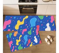 Lot De 2 Tapis De Cuisine Antidérapants Lavables, Gribouillages Géométriques Amusants Blocs Dessin Animé, Tapis De Cuisine Avec Autocollants Antidérapants Pour Couloir, 44X75+44X120Cm, Bleu Marine