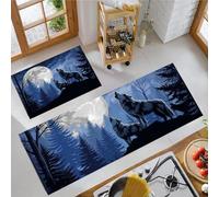Lot De 2 Tapis De Cuisine Antidérapants Lavables Loup Des Forêts Au Clair De Lune, Ensemble Tapis De Coureur Anti-Fatigue Créature Mystérieuse Pour Cuisine Évier Bureau, Bleu Foncé, 44X75+44X120Cm
