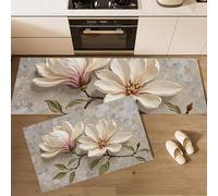 Lot De 2 Tapis De Cuisine Antidérapants Lavables Peinture À L'Huile 3D De Magnolia, Ensemble Tapis De Coureur Anti-Fatigue Plante Vintage Pour Cuisine Évier Bureau, Couleur Crème, 44X75+44X120Cm