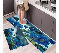Lot de 2 Tapis de Cuisine Antidérapants Lotus Bleu Tapis de Sol de Cuisine Style De Peinture À L'Encre Anti-Fatigue Confort pour Couloir, Salle à Manger, Entrée 43x75cm+43x120cm Bleu Foncé
