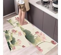 Lot de 2 Tapis de Cuisine Antidérapants Lotus Et Feuilles De Lotus Tapis de Sol de Cuisine Style Minimaliste Anti-Fatigue Confort pour Couloir, Salle à Manger, Entrée 43x75cm+43x150cm Vert Sauge