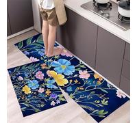 Lot de 2 Tapis de Cuisine Antidérapants Peinture L'Aquarelle Fleurs Sauvages, Tapis de Sol Cosmos Papillons Lavable Anti-Fatigue pour évier, Couloir et Salle à Manger 45x75cm+45x150cm, Bleu Royal