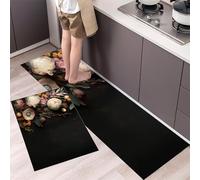 Lot de 2 Tapis de Cuisine Antidérapants Pivoine Lotus Tapis de Sol de Cuisine Bouquet Vintage Anti-Fatigue Confort pour Couloir, Salle à Manger, Entrée 43x75cm+43x120cm Noir