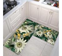 Lot de 2 Tapis de Cuisine antidérapants, Plantes et Fleurs, Résistant à la poussière Tapis de Cuisines,Tapi de Sol pour Le Couloir, la Cuisine(Feuilles de passiflore, 50x80+50x150cm)
