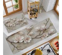 Lot De 2 Tapis De Cuisine Antidérapants Relief De Fleur De Magnolia 3D, Paillasson Lavable Avec Texture Végétale Élégante, Tapis Cuisine Anti-Fatigue Pour Salle Manger Décorations Intérieures, Beige