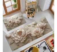 Lot De 2 Tapis De Cuisine Antidérapants Relief Pivoine 3D, Paillasson Lavable Avec Élégance Rétro Botanique, Tapis Cuisine Anti-Fatigue Pour Salle Manger Décorations Intérieures, Couleur Crème