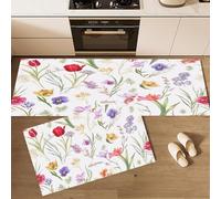 Lot de 2 Tapis de Cuisine Antidérapants Résumé Fleurs Sauvages, Tapis Pastoral Floral Plantes Lavables avec 16pcs Autocollants antidérapants pour Couloir, Salle à Manger, 45×75cm+45×150cm