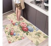 Lot de 2 Tapis de Cuisine Antidérapants Style Campagne Rétro Français Tapis de Sol Jardin Anglais Lavables, Absorbant l'Eau et l'Huile pour Couloir, Salle à Manger, Entrée, 45x75cm+45x150cm, Crème