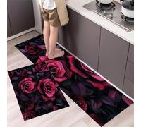 Lot de 2 Tapis de Cuisine Antidérapants Style Romantique, Tapis de Sol Rose Gothique Lavable Anti-Fatigue pour évier, Couloir et Salle à Manger 43x75cm+43x120cm, Rouge Foncé