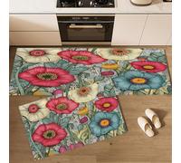 Lot de 2 Tapis de Cuisine Antidérapants, Tapis de Cuisine Lavables avec Coquelicot Floral, Absorbants et Décoratifs Champ Fleurs, Idéals pour Couloir, 50×80cm+50×160cm