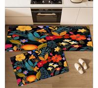 Lot de 2 Tapis de Cuisine Antidérapants, Tapis de Cuisine Lavables avec Fleurs Sauvages Plantes, Absorbants et Décoratifs Feuilles Abstraites, Idéals pour Couloir, 45×75cm+45×150cm