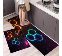 Lot de 2 Tapis de Cuisine Antidérapants Technologie du Futur, Tapis de Sol Hexagones Néon Lavable Anti-Fatigue pour évier, Couloir et Salle à Manger 40x60cm+40x120cm, Noir