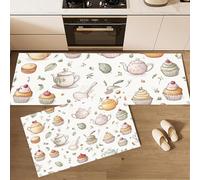 Lot de 2 Tapis de Cuisine Antidérapants Théière Et Tasses À Thé, Tapis de Cuisine Style Tea Party Lavable, Absorbe l'eau et l'huile, pour Couloir, Salle à Manger, Entrée, 43x75cm+43x150cm Blanc