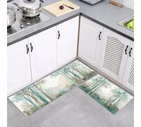 Lot de 2 Tapis de Cuisine Aquarelle Abstrait Lavable en Machine, Bleu-Vert Tapis de Sol Arbres Peinture Qui Dégouline Antidérapante Facile À Nettoyer, pour Cuisine Salon Couloir 50x80cm+50x150cm